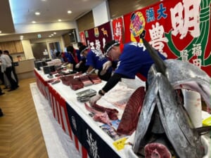 迫力満点！！100㌔越えの生天然本マグロの解体ショー！！
